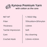 A skein of Kynova Premium Yarn in a pink hue, with the brand name and yarn details displayed.